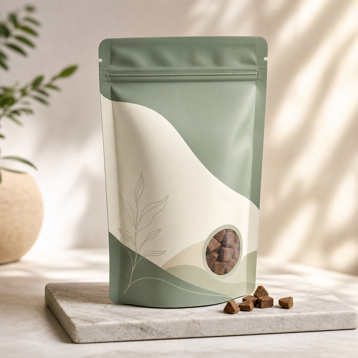 Senior cat food soft-bite pouch with easy-open trial-pack format