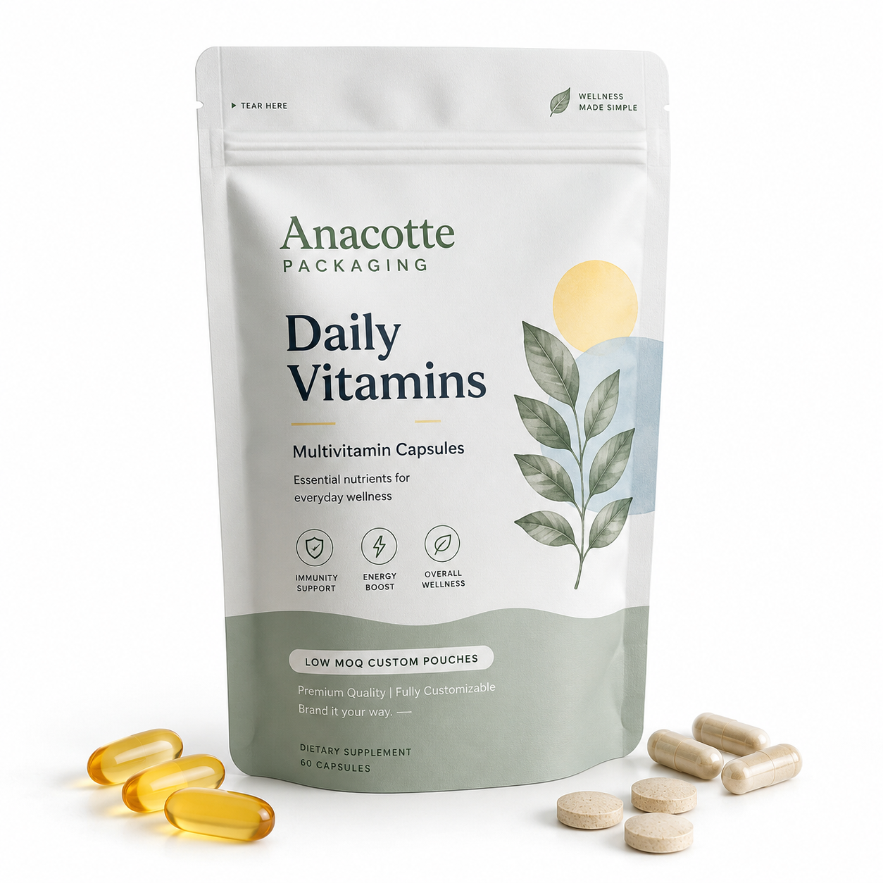 Custom Vitamin Stand Up Pouch | Daily Supplement Packaging Bag