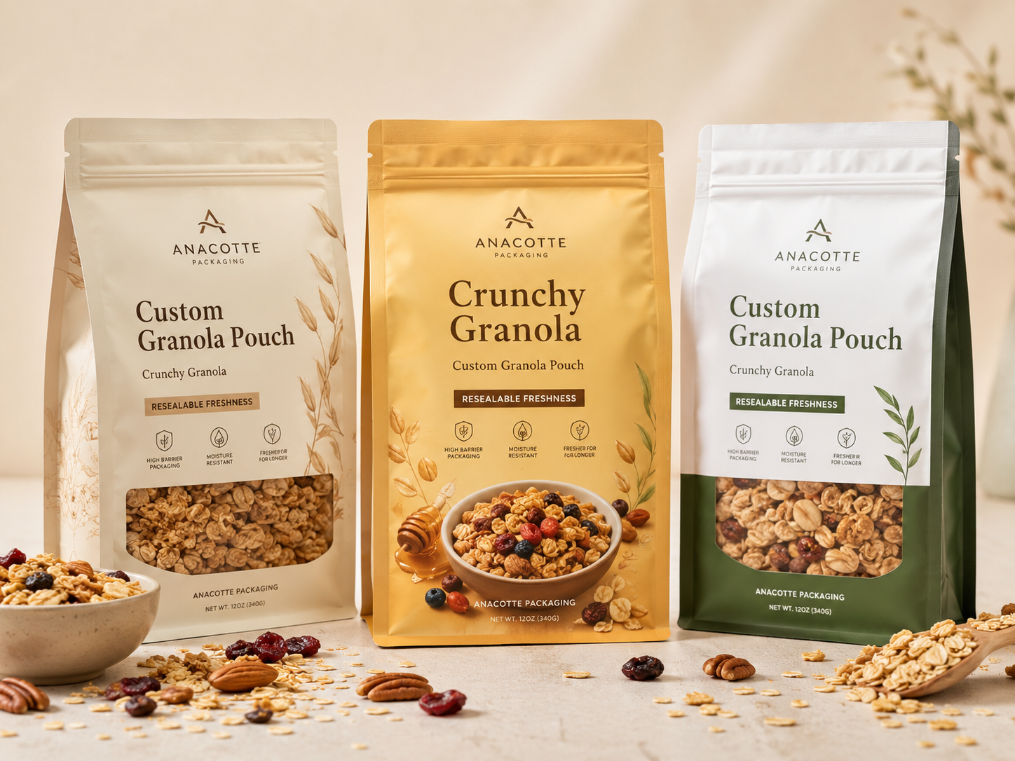 Custom Granola Packaging Pouches | Flat Bottom Food Bags