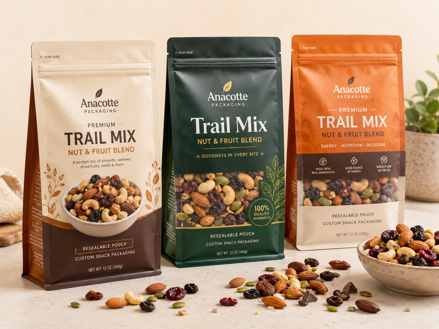 Custom Trail Mix Packaging Pouches | Flat Bottom Snack Bags