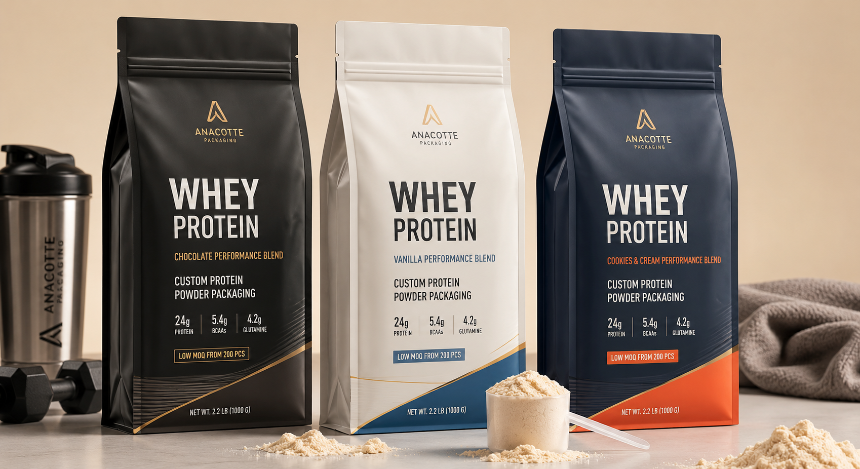 Custom Quad Seal Protein Powder Packaging Pouches