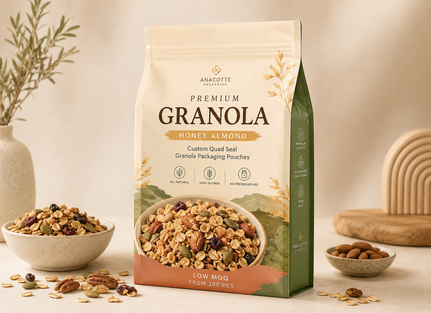 Custom Quad Seal Granola Packaging Pouches