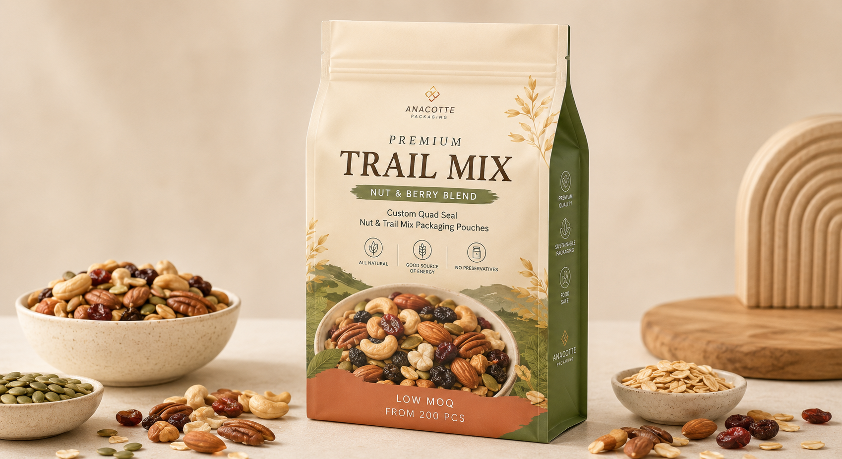 Custom Quad Seal Nut & Trail Mix Packaging Pouches