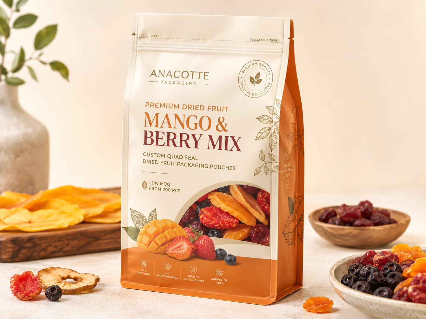 Custom Quad Seal Dried Fruit Packaging Pouches