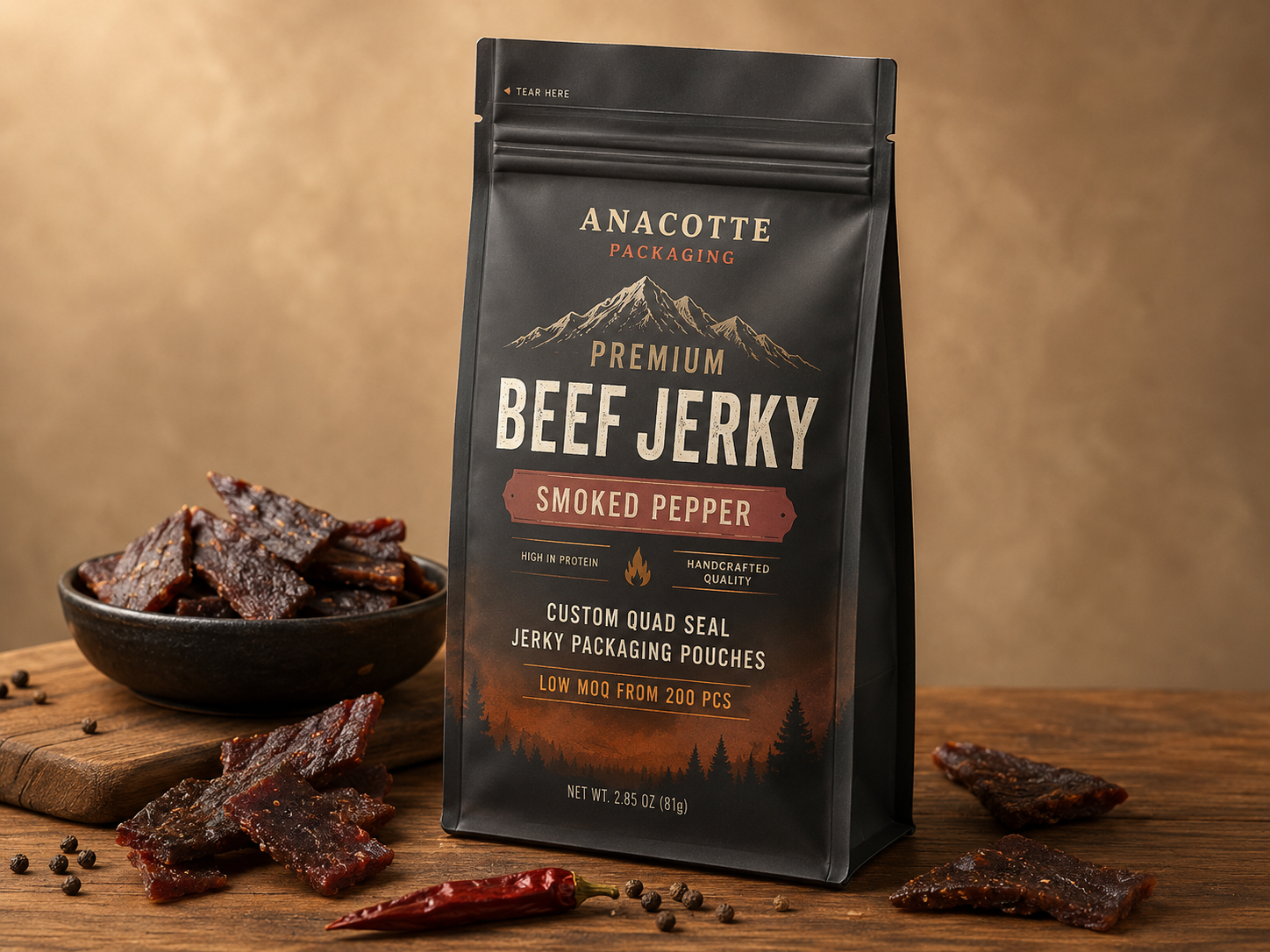 Custom Quad Seal Jerky Packaging Pouches