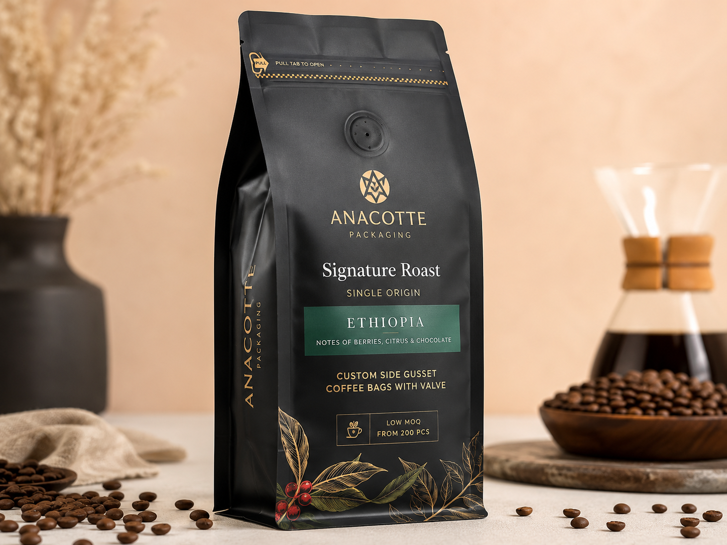 16 oz / 1 lb / 500g Custom Side Gusset Coffee Bags with Valve