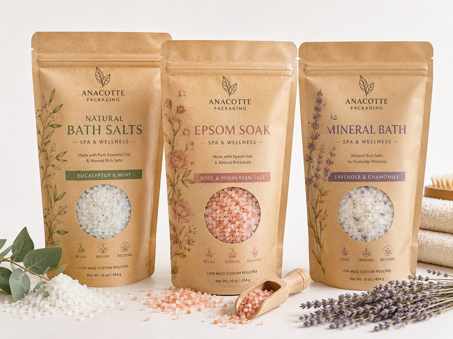 Kraft Paper Stand Up Pouch for Bath Salts | Natural Wellness Packaging with Window