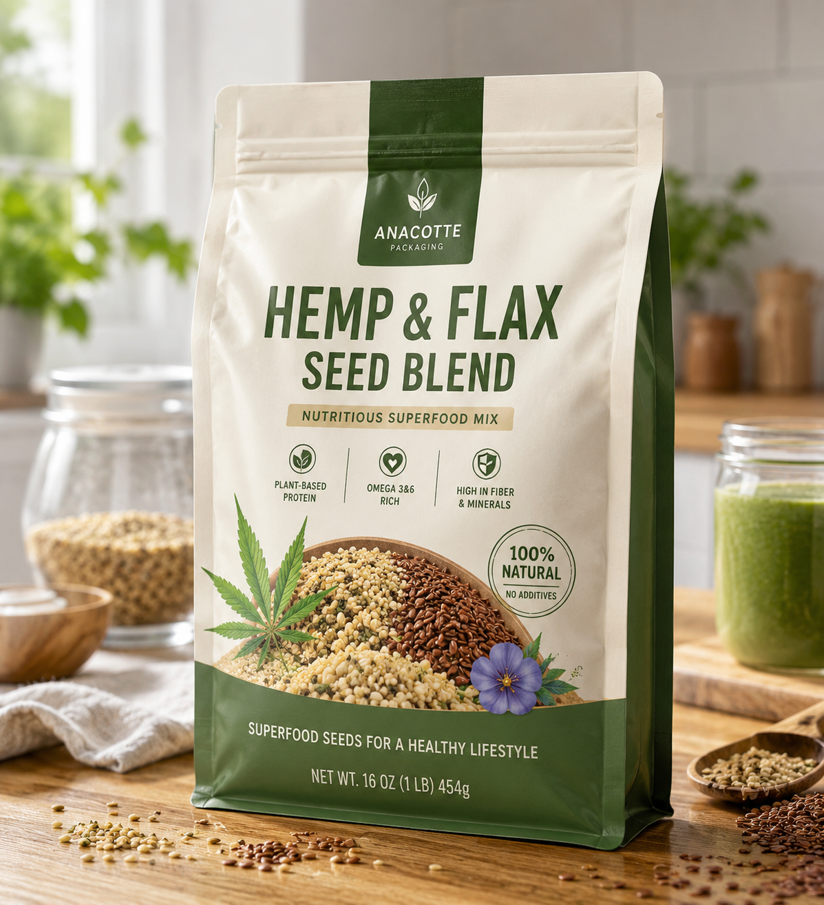 Custom Hemp & Flax Seed Stand Up Pouch | High-Barrier Superfood Seed Bag