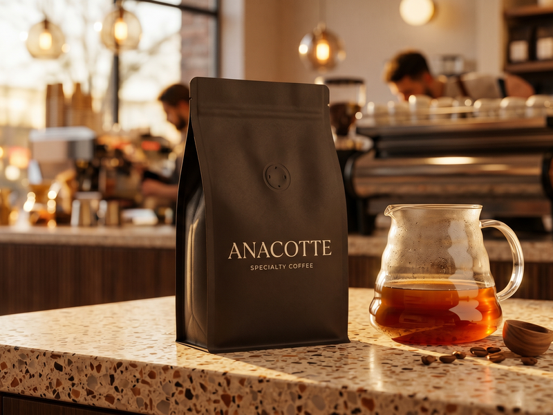 Anacotte specialty coffee bag on a counter with a glass of coffee and coffee beans in a cafe setting