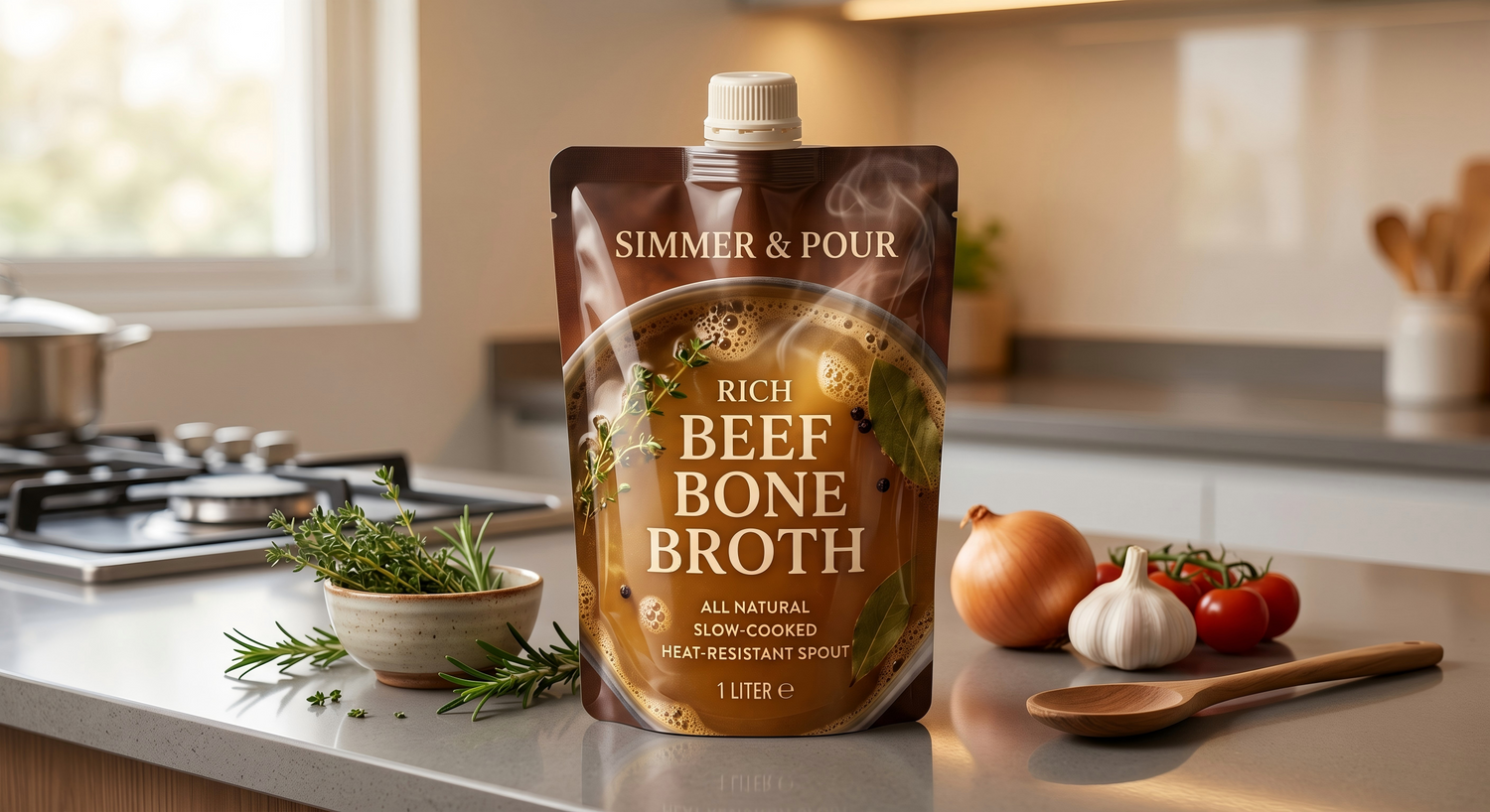 Retort spout pouch for broth and sauce packaging