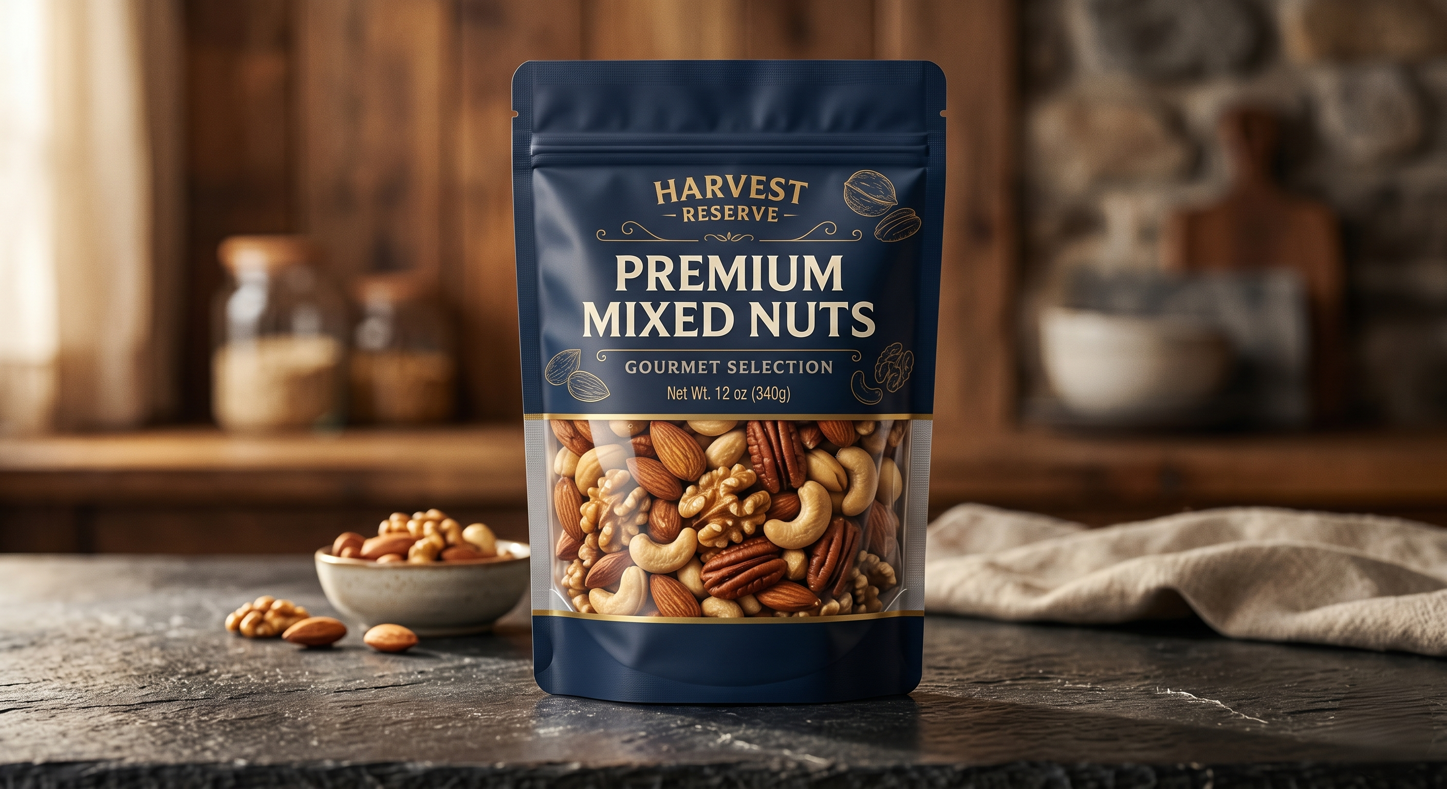 Premium Mixed Nuts Stand Up Pouch | Resealable Window Snack Bag