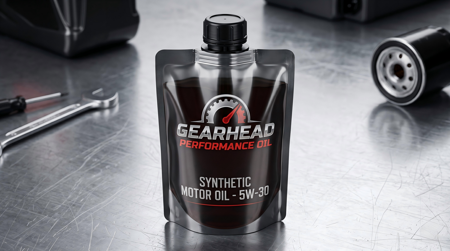 Custom motor oil spout pouch for automotive fluid packaging