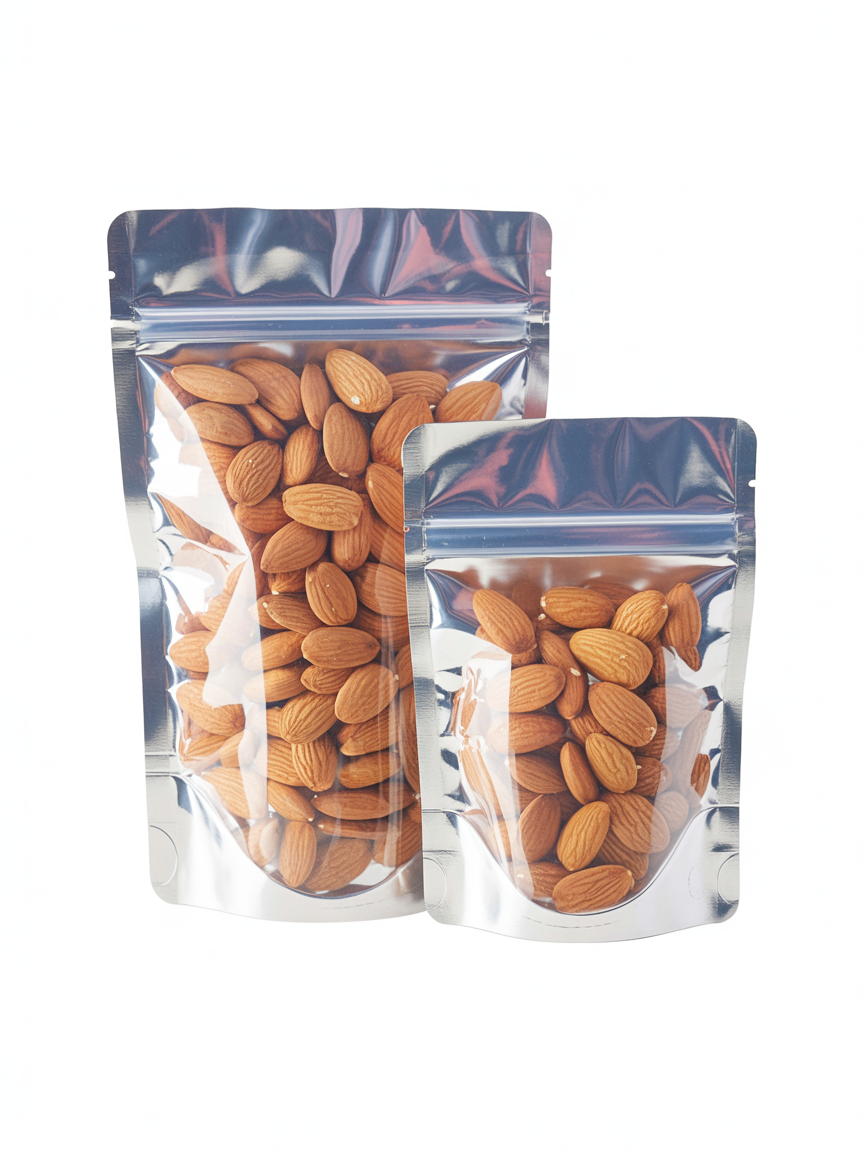 100 pcs Clear Front & Aluminum Foil Back Stand Up Pouches – Resealable Food Packaging Bags