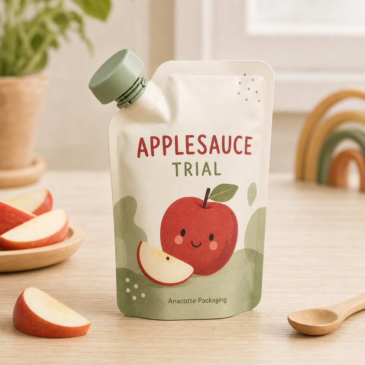 Baby food applesauce mini spout pouch for toddler snack trials
