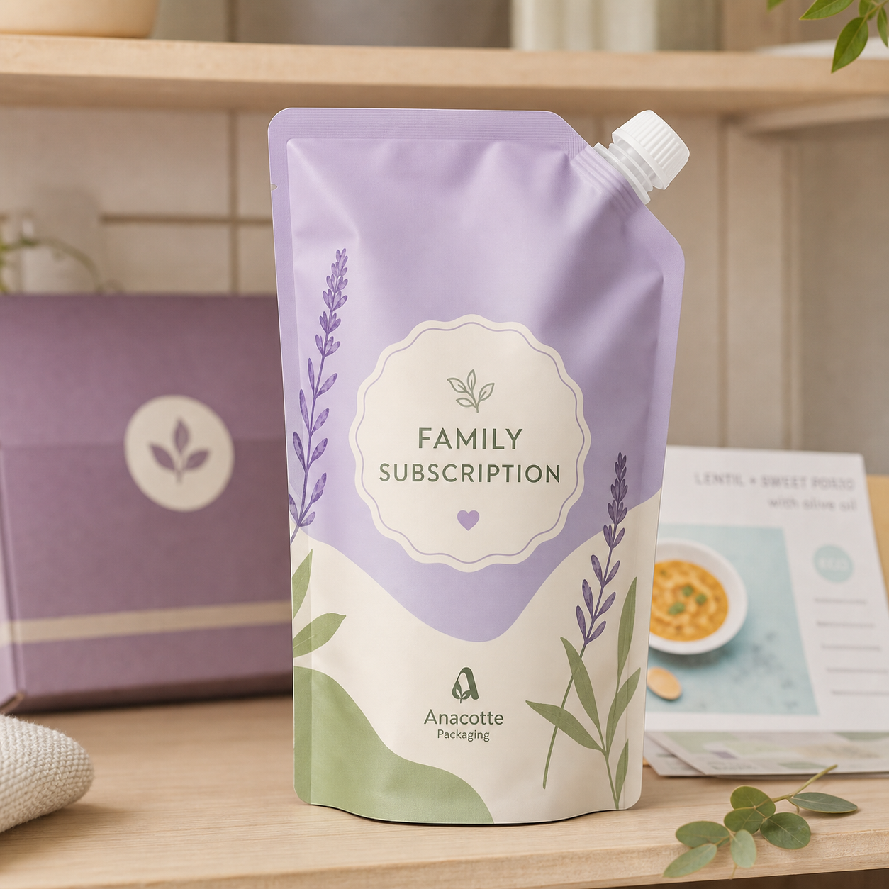 Baby food family subscription spout pouch for recipe rotations