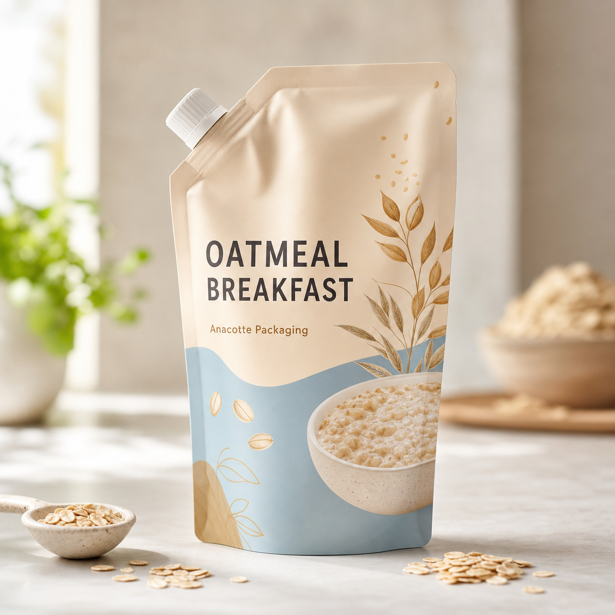 Baby food oatmeal breakfast spout pouch for warm-serve testing