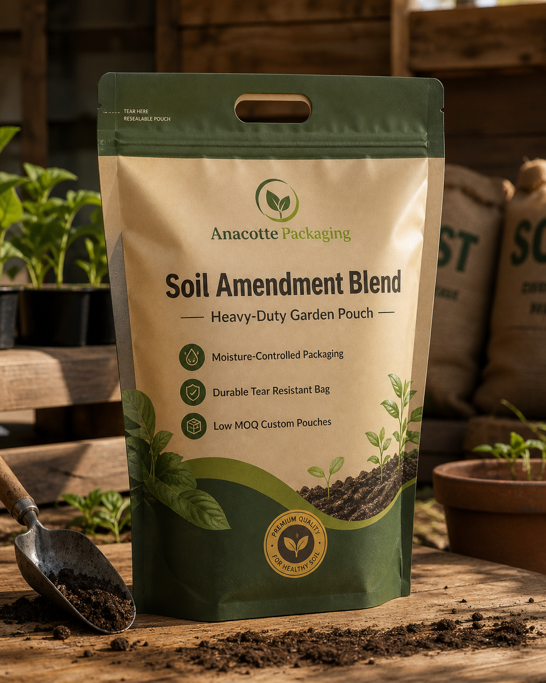 Custom soil amendment packaging pouch by Anacotte Packaging