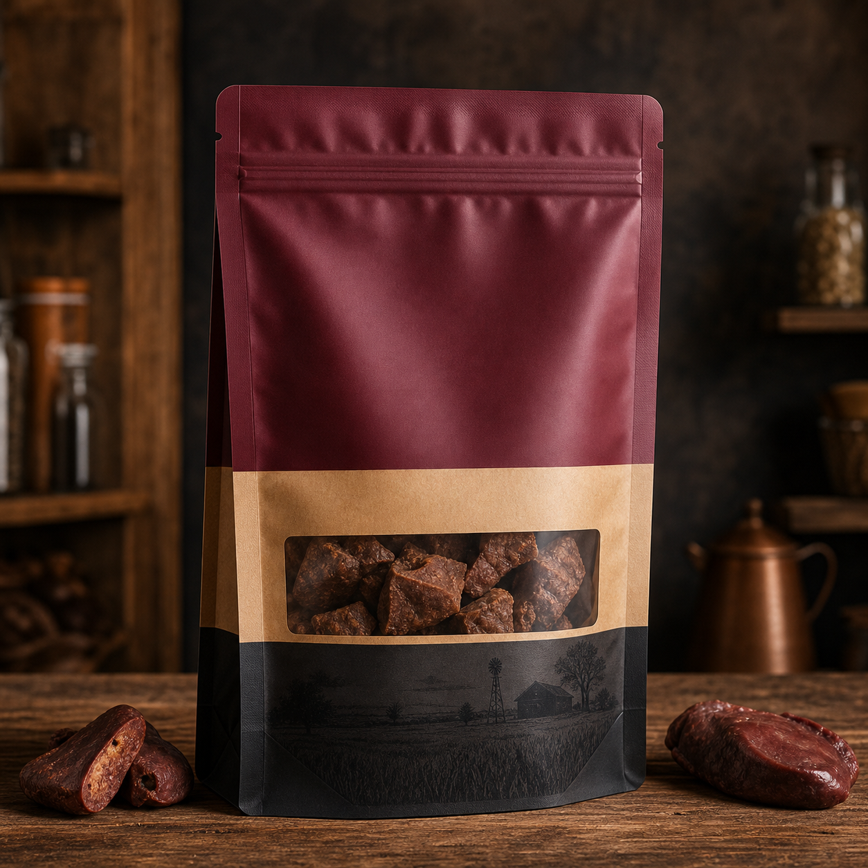 Flat-bottom dog treat pouch for a multi-protein organ meat sampler