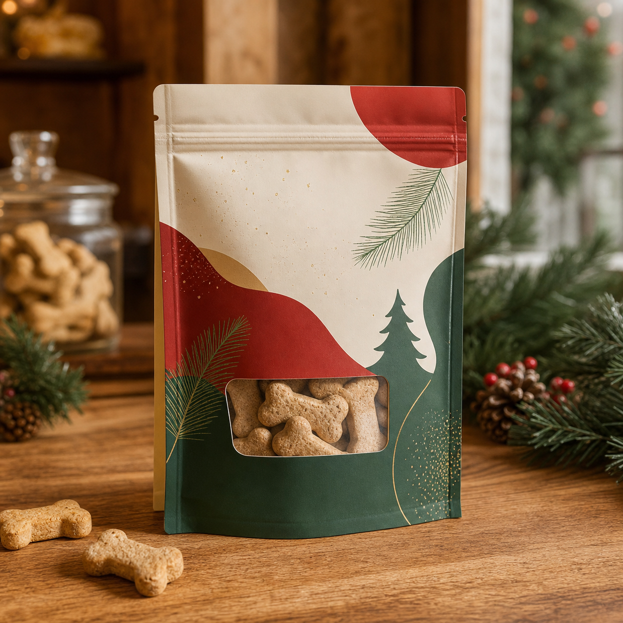 Seasonal dog biscuit flat-bottom pouch with a product window
