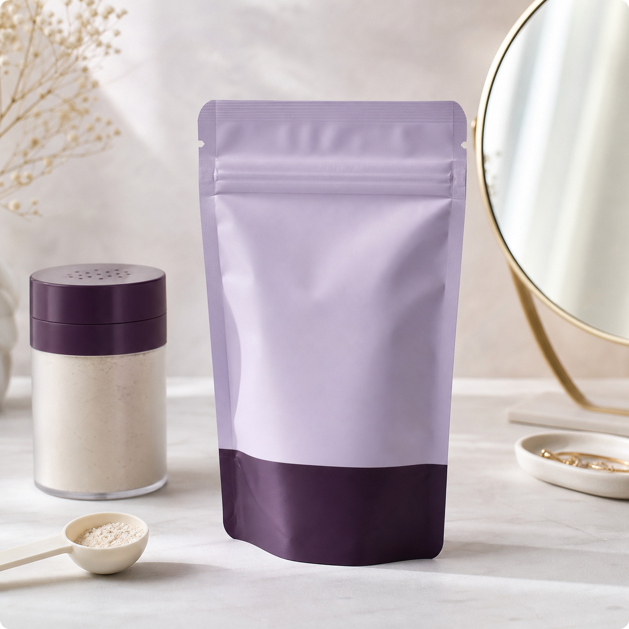 Dry shampoo powder refill pouch with scoop-and-pour access