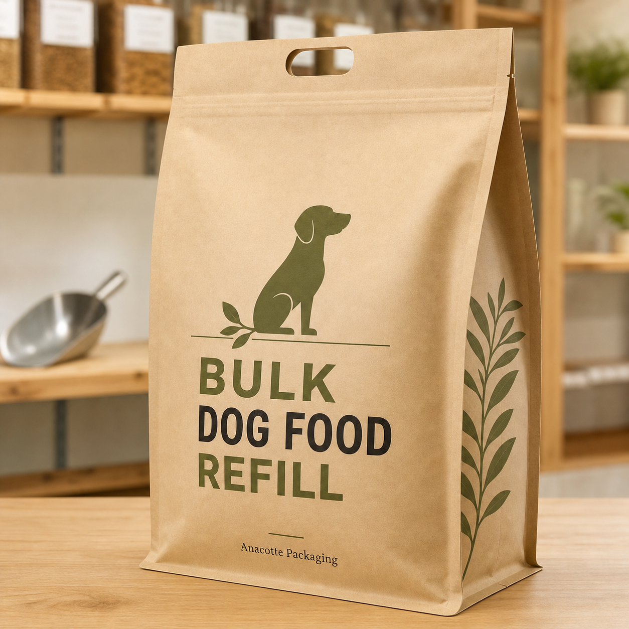 Freeze-dried dog food bulk refill side-gusset bag for specialty retail