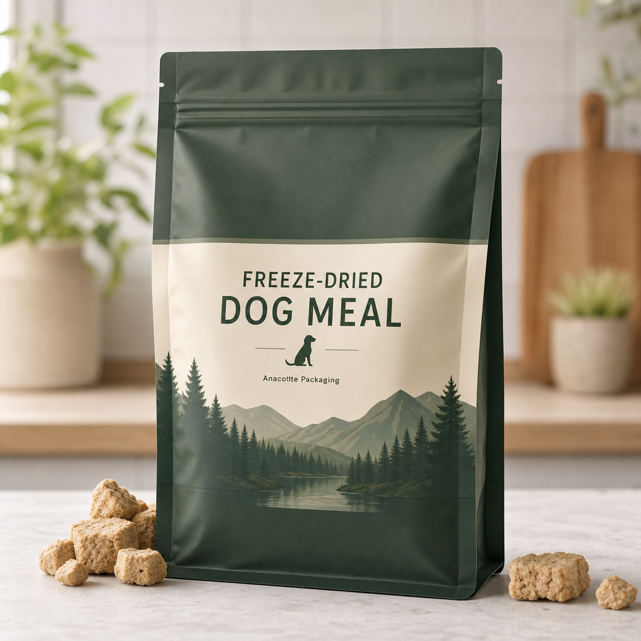Freeze-dried dog food meal nugget flat-bottom pouch for a DTC starter pack