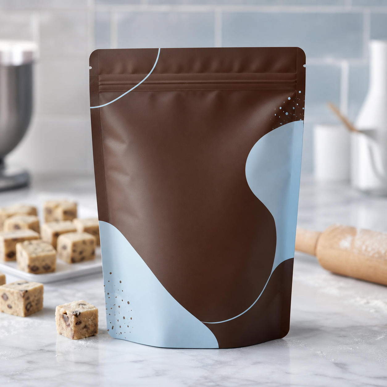Frozen cookie dough portion flat-bottom pouch for bakery brands