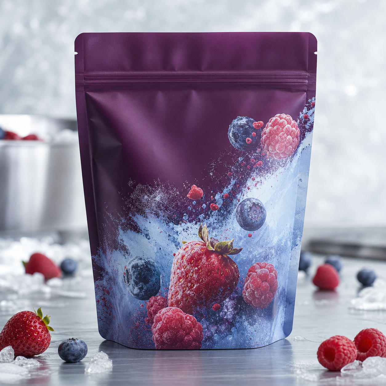 Frozen mixed berry resealable stand-up pouch for ecommerce packaging