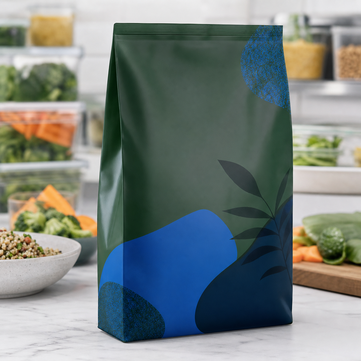 Frozen plant-based meal side-gusset bag for multi-SKU meal brands