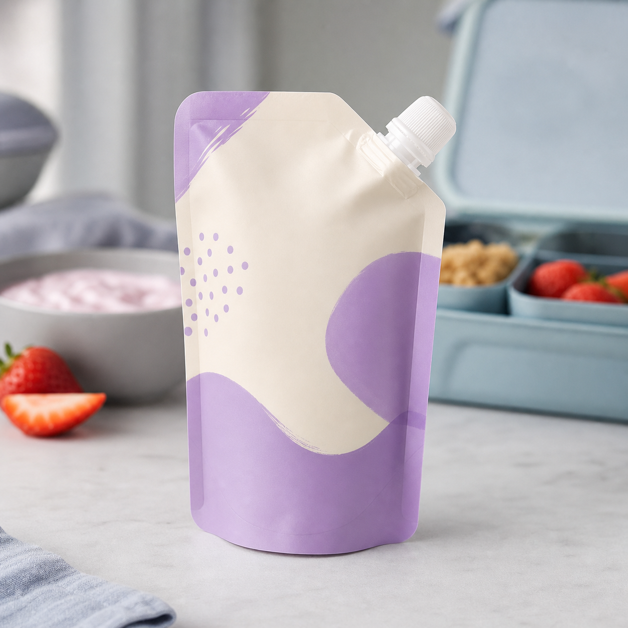 Kids yogurt smoothie corner-spout pouch for chilled lunchbox samples