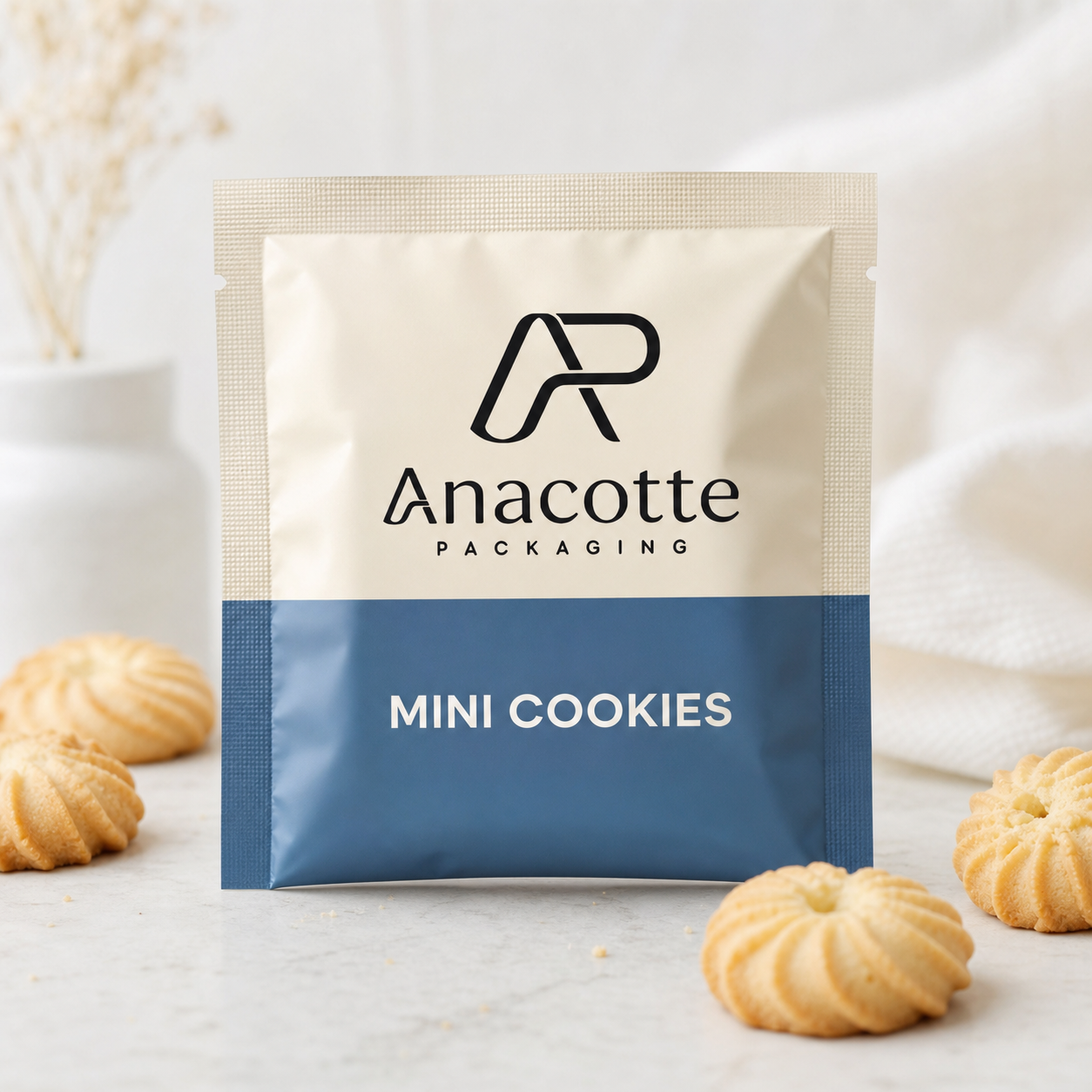 Custom mini cookie sample flat pouch by Anacotte Packaging