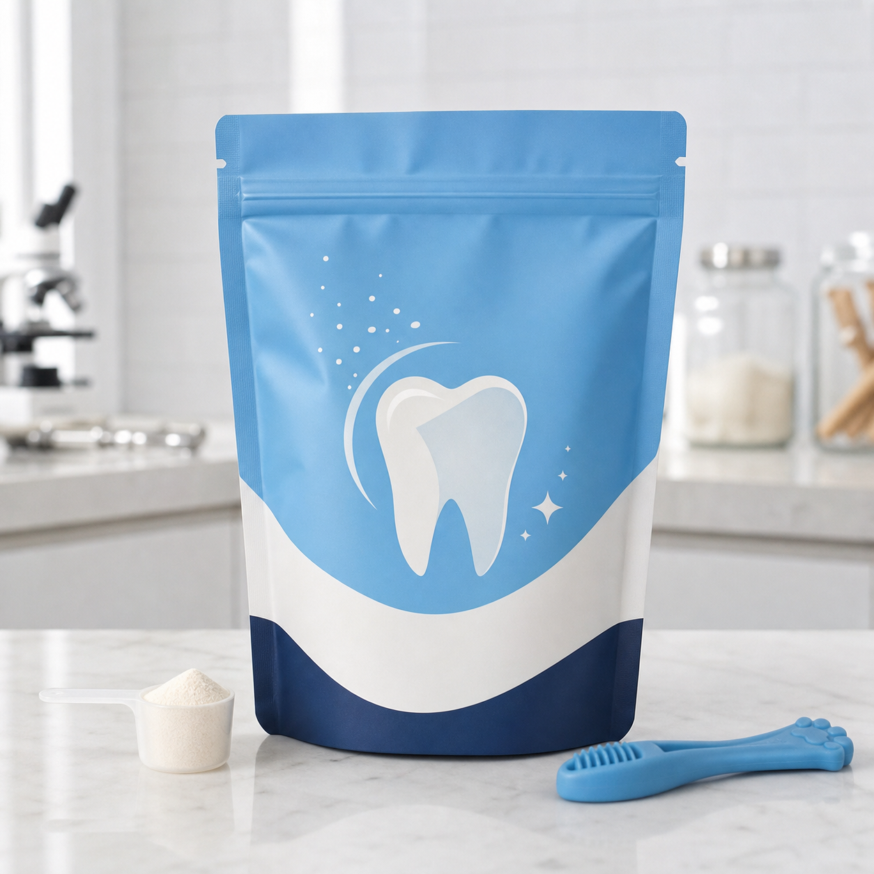 Pet supplement dental powder pouch with daily scoop access