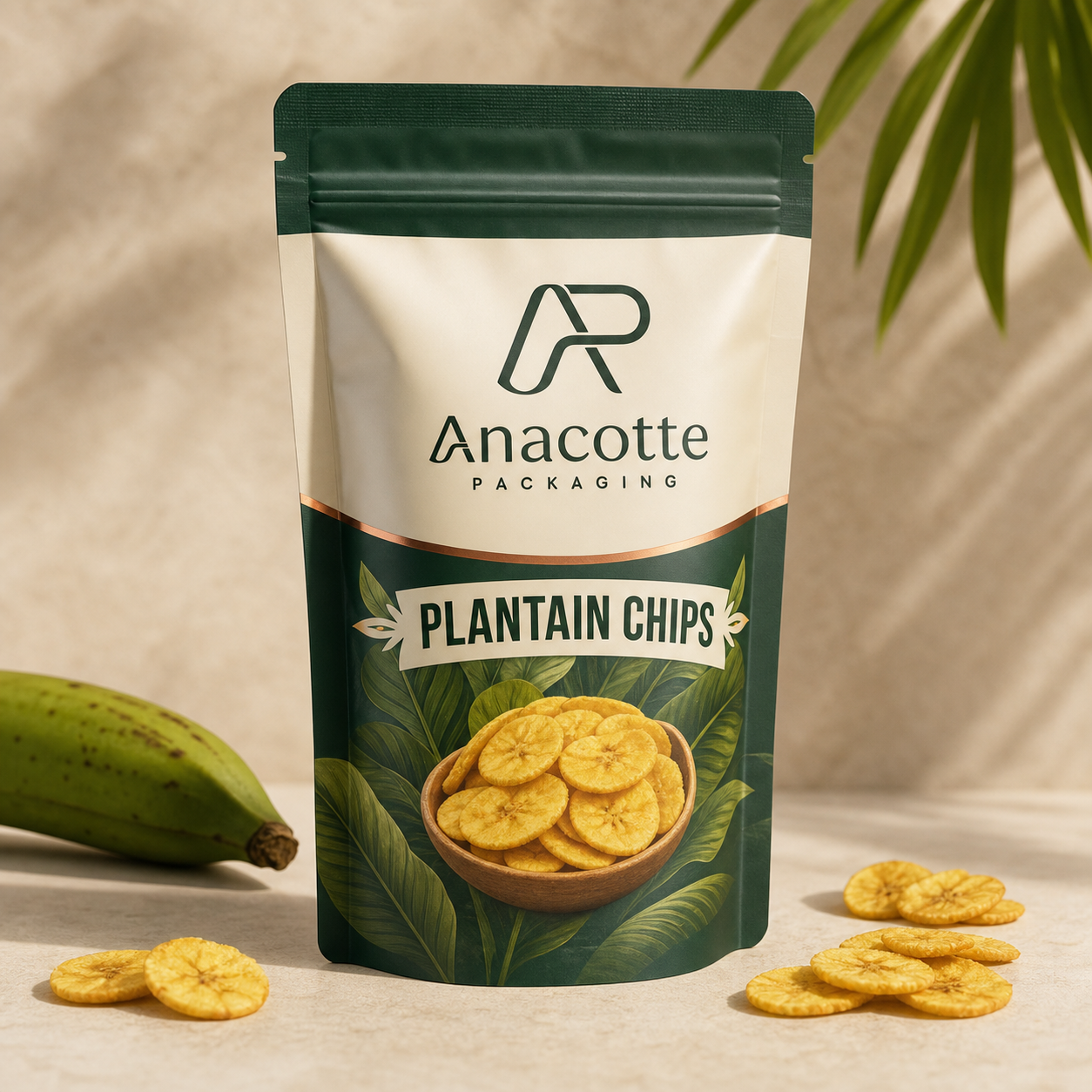 Custom plantain chips stand up pouch by Anacotte Packaging