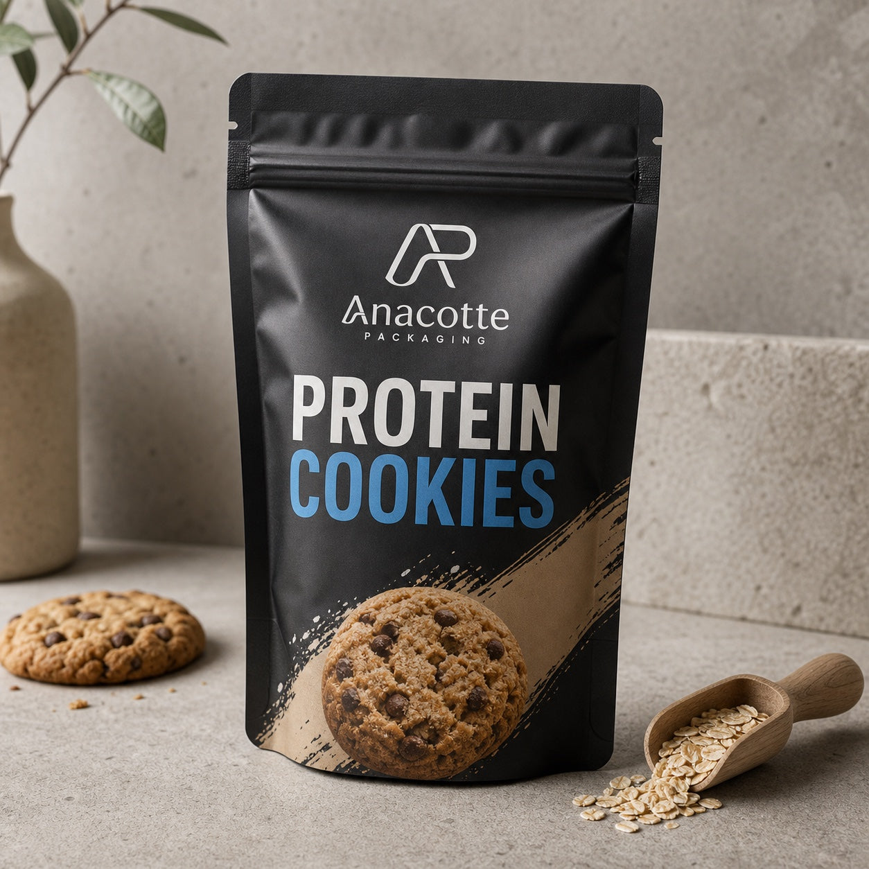 Custom protein cookie flat bottom pouch by Anacotte Packaging