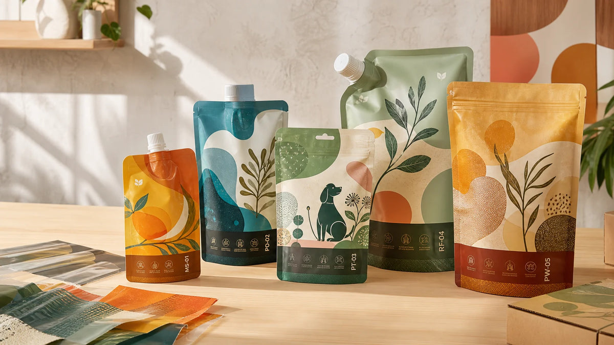 Custom printed Australian-market spout, barrier, pet, and refill pouch concepts