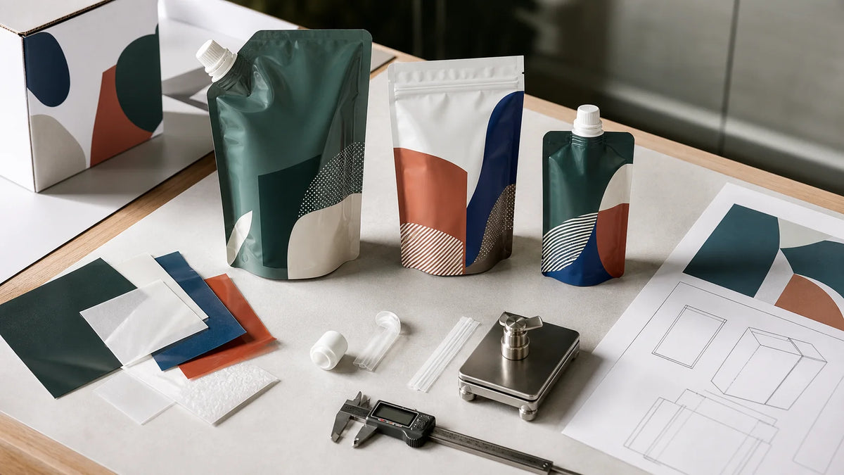 Custom pouch samples, material swatches, fitments, caliper, scale and packaging documentation for Benelux projects