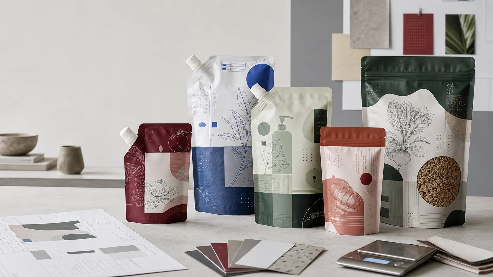 Custom printed sauce, refill, pet, and dry-food pouch concepts for European Union brands