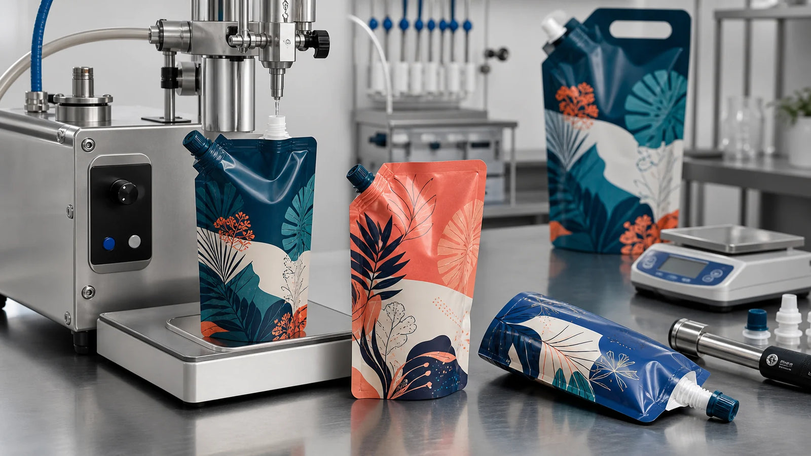 Custom printed spout pouches tested with pilot filling equipment, fitments, caps, and a digital scale