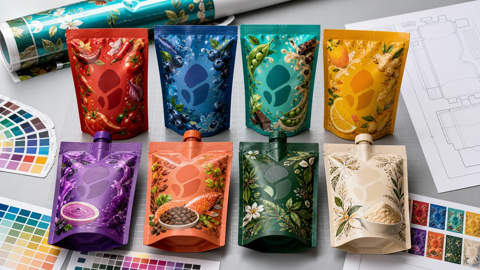 Eight custom printed stand-up and spout pouch SKUs arranged with color proofs and a packaging dieline