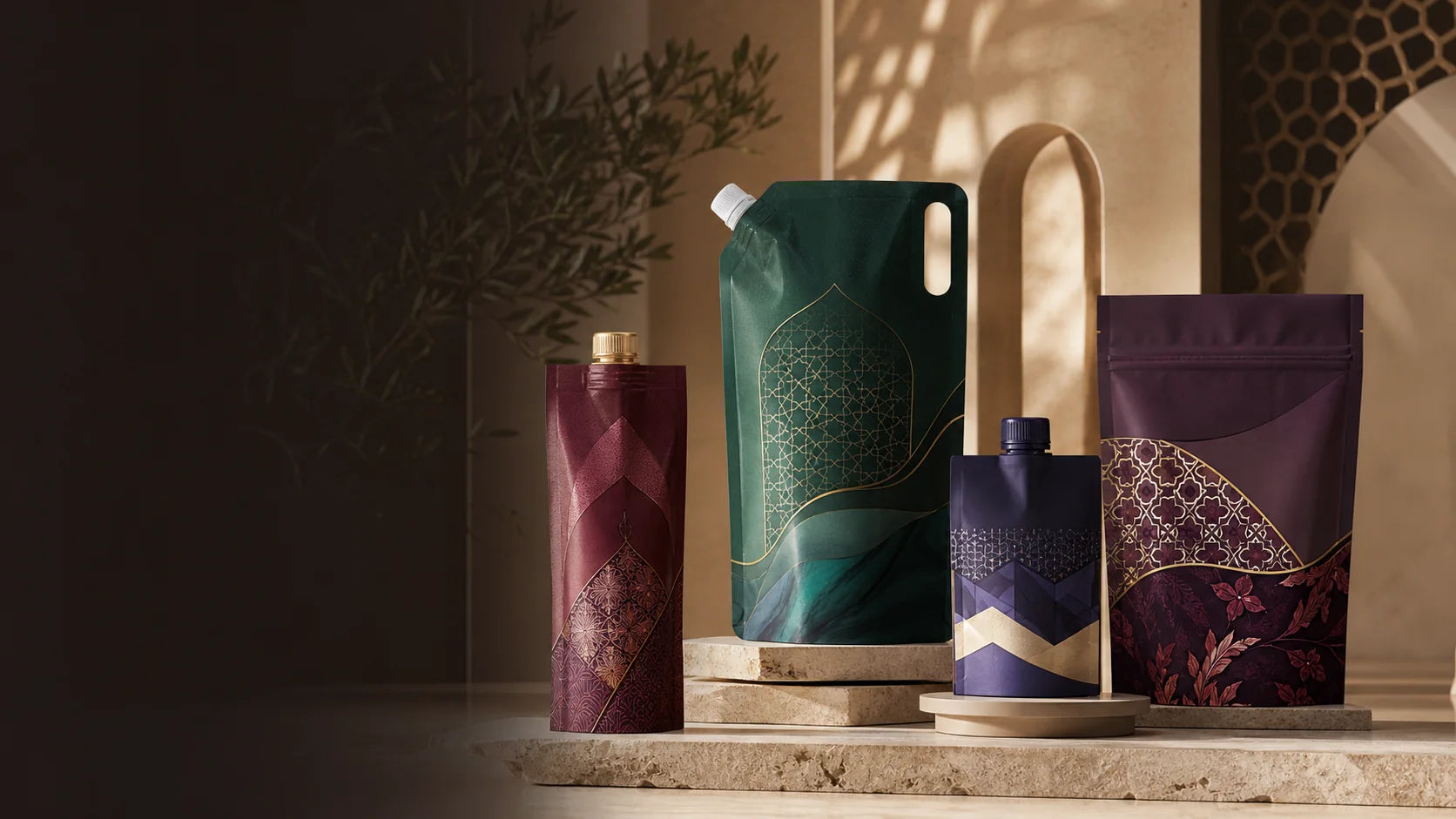 Premium custom printed spout, refill, functional drink, and stand-up pouch concepts for Saudi Arabian brands