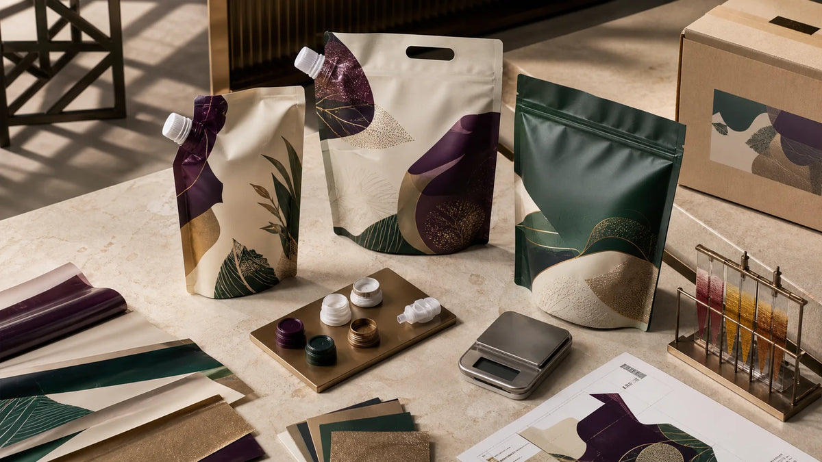 Custom pouch samples, fitments, film swatches, weighing, heat-exposure, dieline and transport validation for Saudi packaging projects