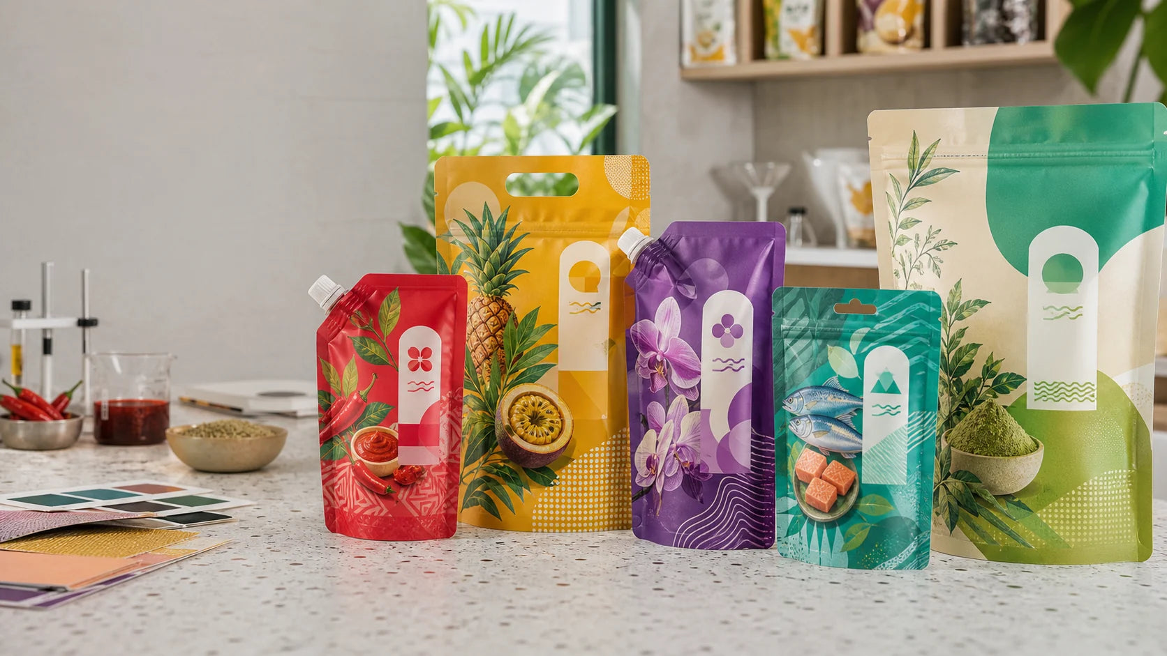 Custom printed sauce, beverage, beauty, pet, and powder pouch concepts for Singapore brands
