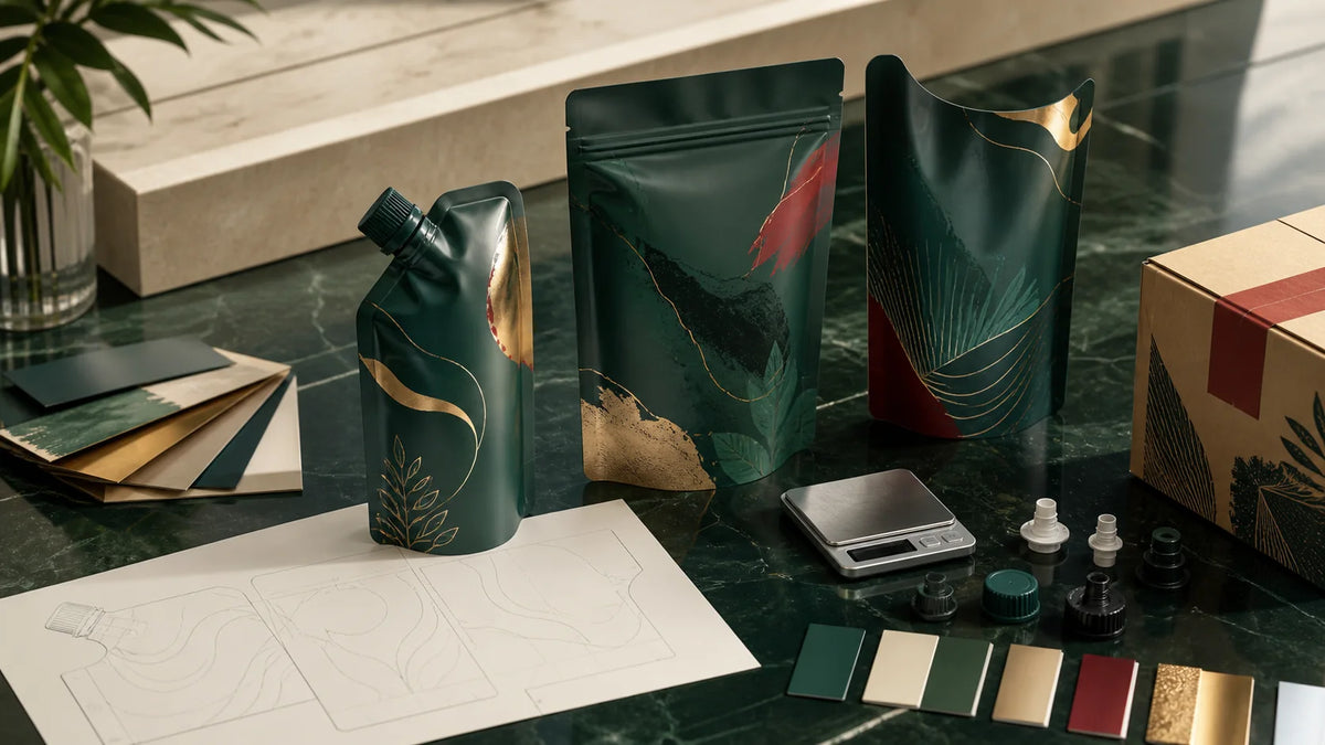 Custom refill pouch samples, material swatches, fitments, dieline and weighing tools for Singapore packaging validation