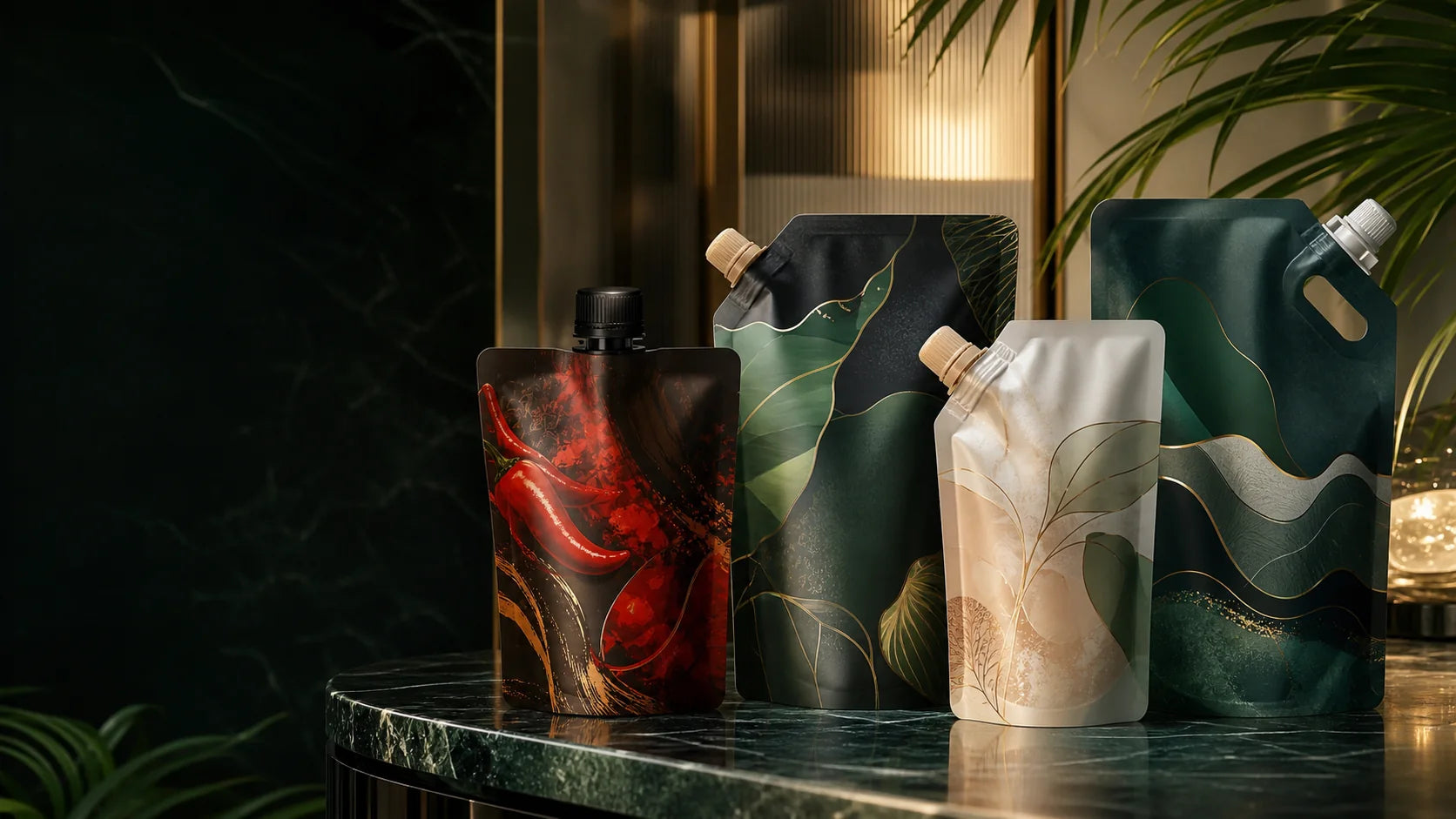 Four premium custom printed spout pouch formats for Singapore food, beverage, personal-care and home-care brands