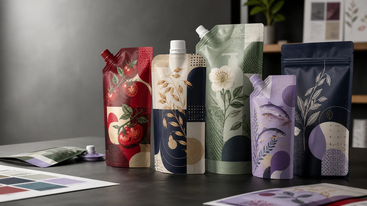 Custom printed United Kingdom-market refill, food, pet, and powder pouch concepts