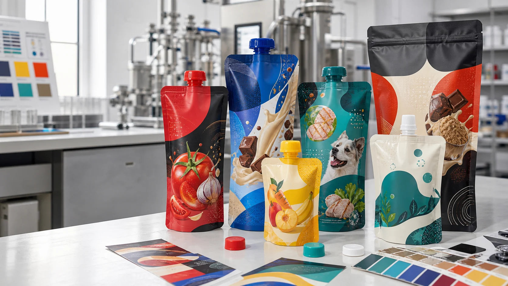 Custom printed sauce, drink, baby-food, pet, refill, and powder pouch concepts for United States brands