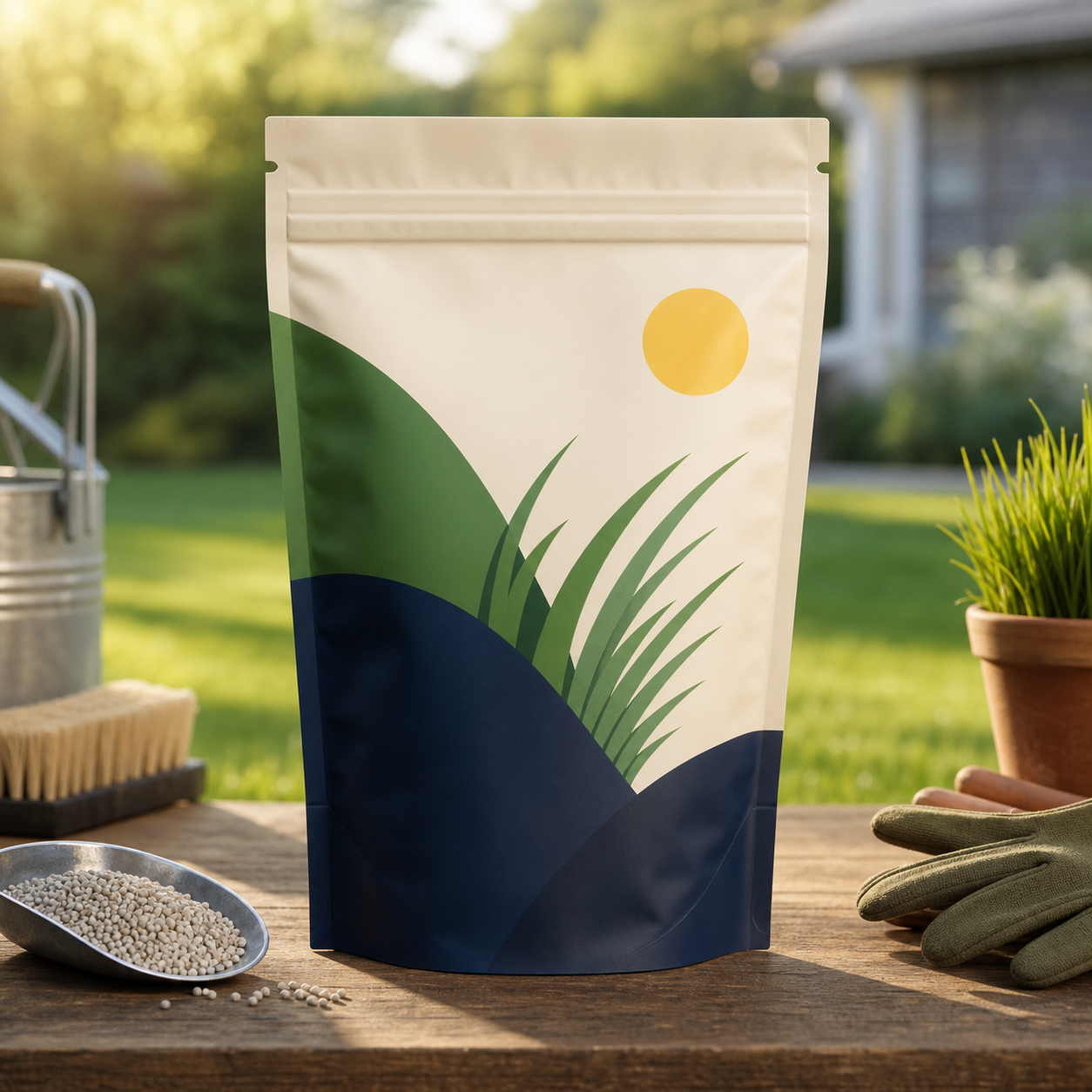 Seasonal lawn fertilizer trial flat-bottom pouch packaging