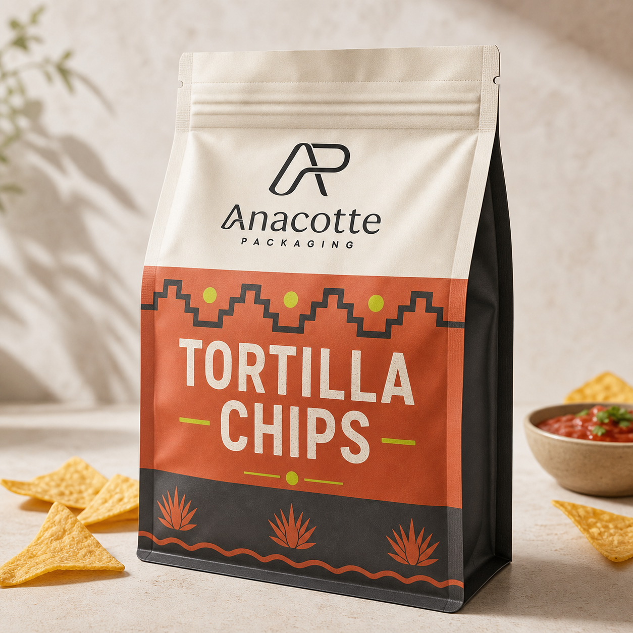 Custom tortilla chips flat bottom pouch by Anacotte Packaging