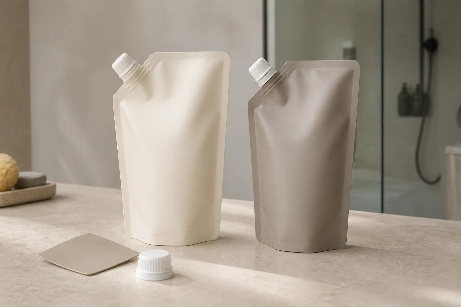 Unbranded matte body-wash refill pouch with an offset spout