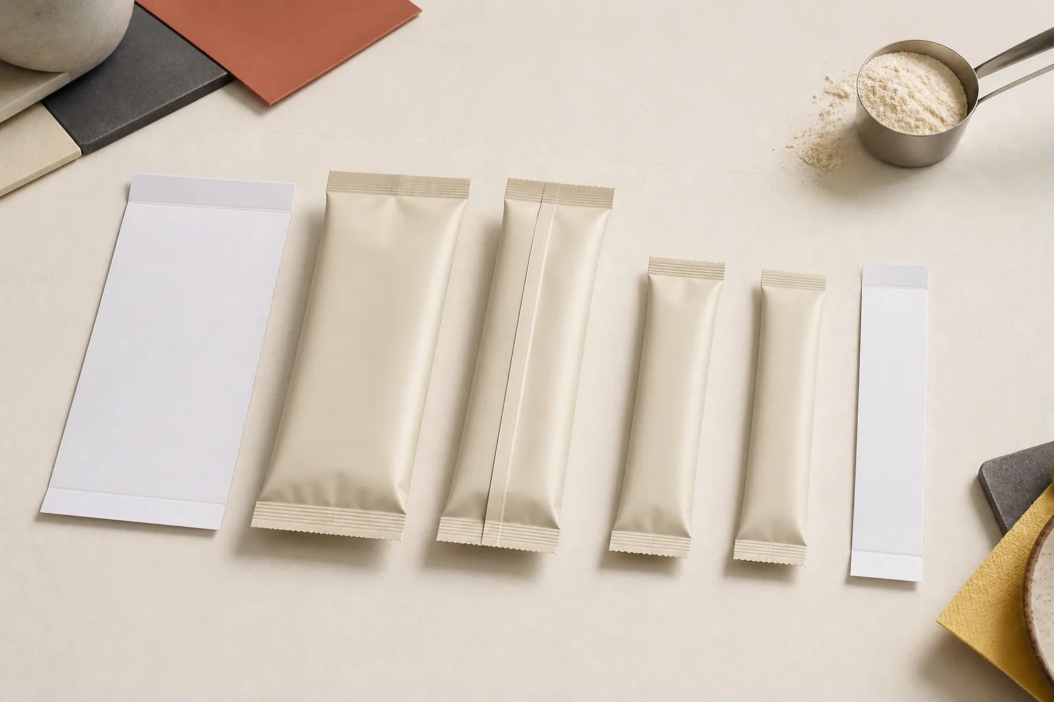 Unbranded center-seal sachets for single-serve powder portions